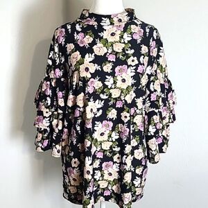 Touch Me Floral Mock Turtleneck Blouse with Layers on Sleeves,  Size 3X